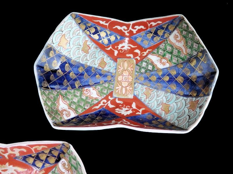 古伊万里　金襴手　波千鳥に幾何学紋の図　熨斗型変形皿　２枚E603AS-fbsj