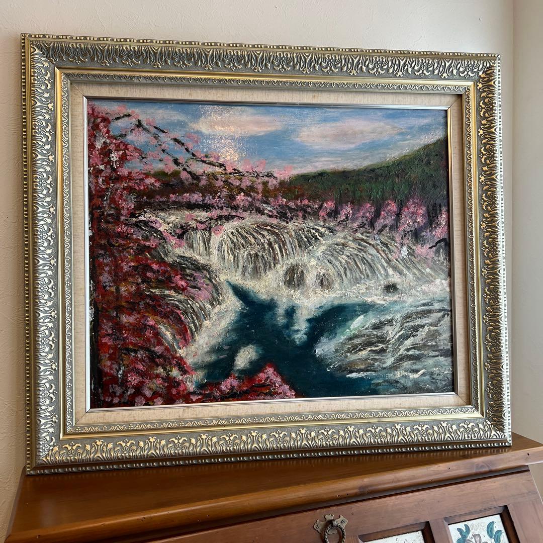 k203 額装絵画 春うららかな桜を臨むすだれ滝の風景 油彩画 エレガントな額縁