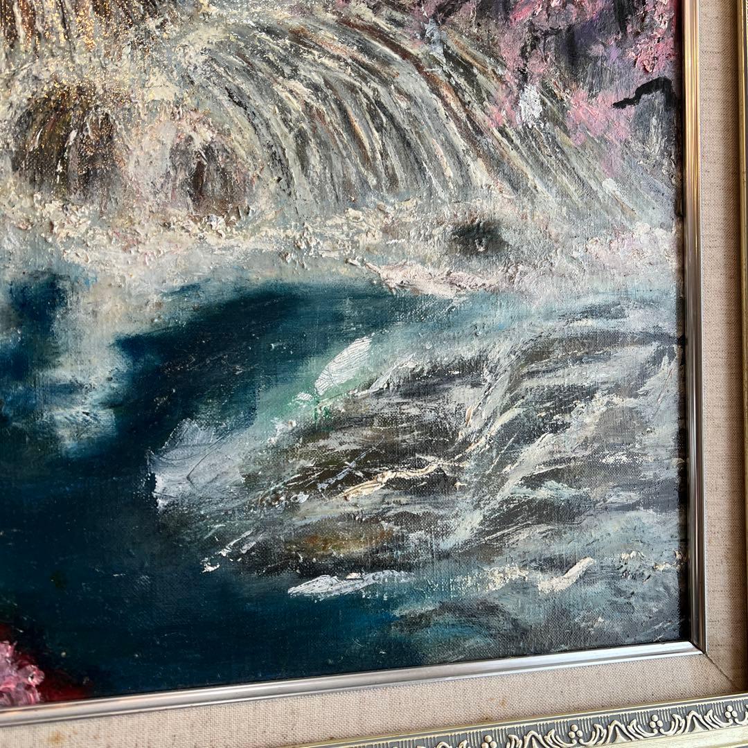 k203 額装絵画 春うららかな桜を臨むすだれ滝の風景 油彩画 エレガントな額縁