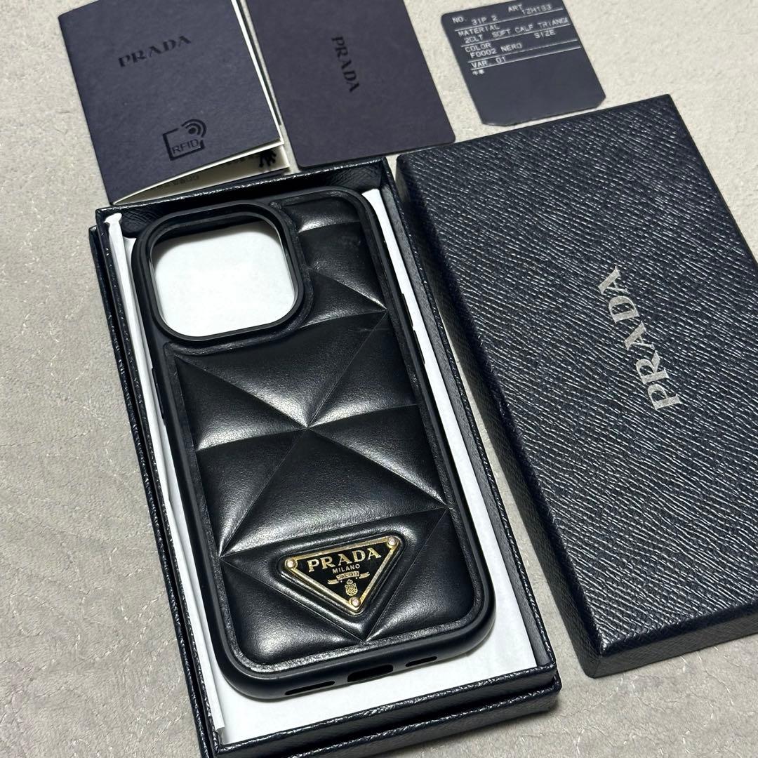 【PRADA】iPhone14Pro ケース ロゴ レザー 黒