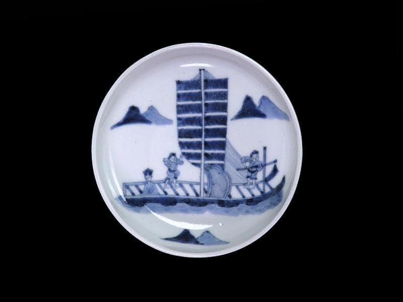 古伊万里　染付　船頭に帆掛け船の図　膾皿　5寸皿　B188AS-CUm
