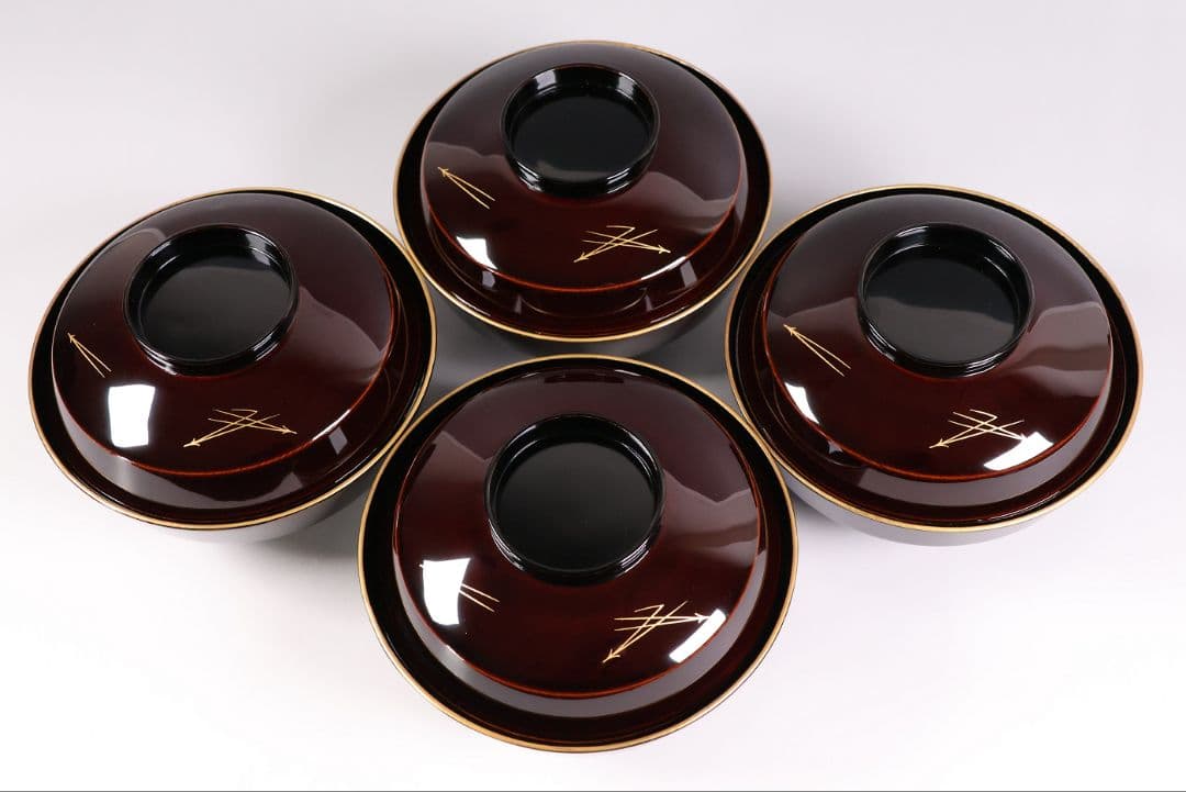 【CM379】大正期 月と松 飛翔鶴 金蒔絵 欅地溜塗 黒塗 椀四客 木製漆器