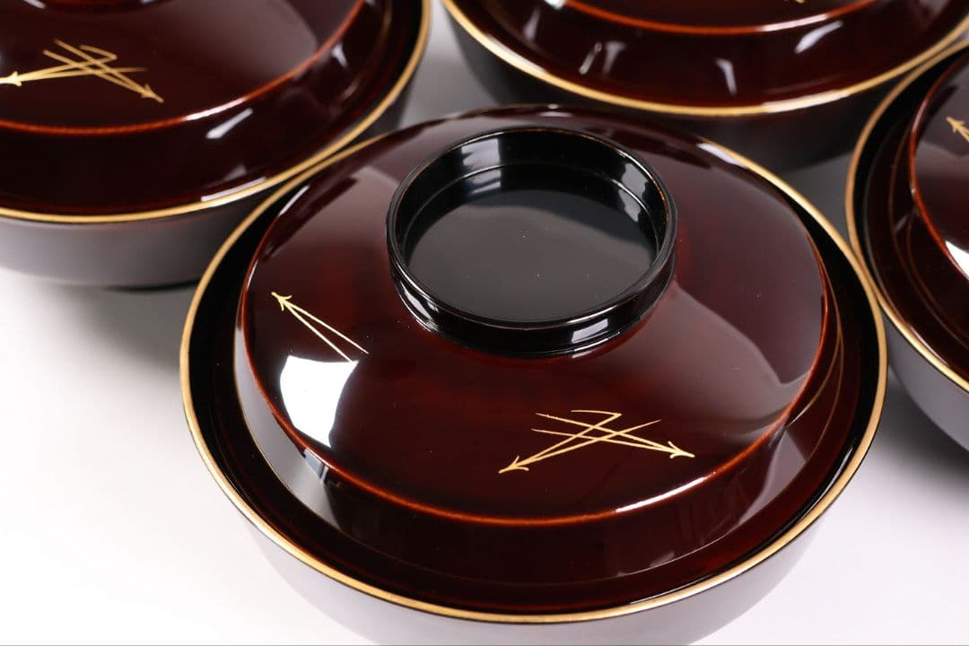 【CM379】大正期 月と松 飛翔鶴 金蒔絵 欅地溜塗 黒塗 椀四客 木製漆器