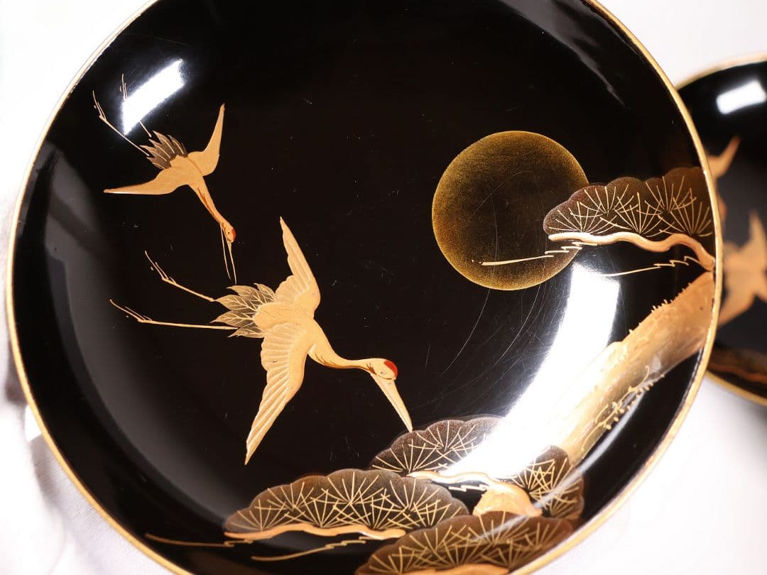 【CM379】大正期 月と松 飛翔鶴 金蒔絵 欅地溜塗 黒塗 椀四客 木製漆器