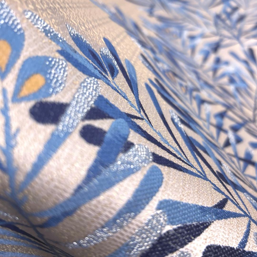 正絹　袋帯《藍染　葉模様》