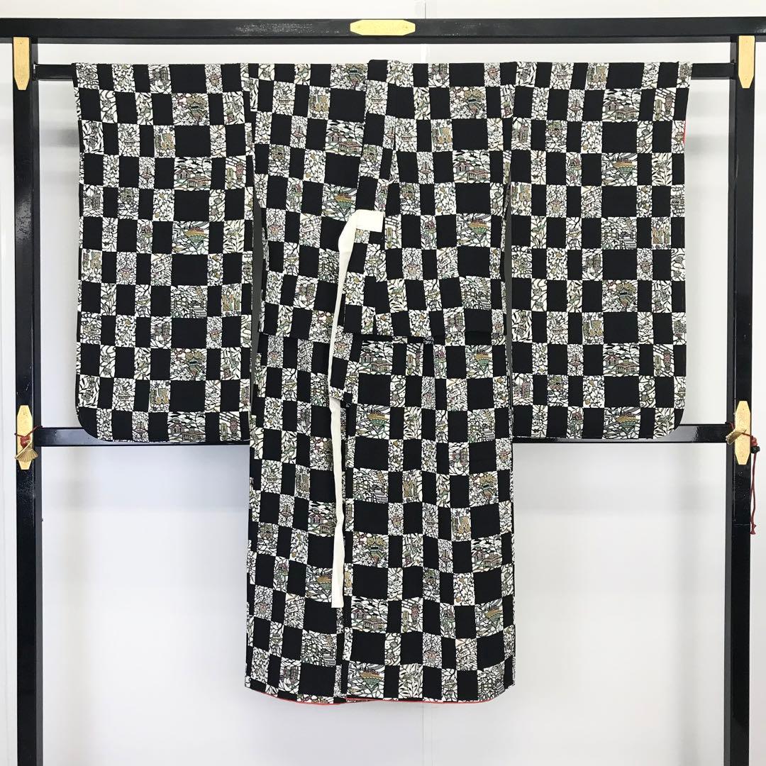 子供着物 型染 玩具や草花 縮緬 黒色 七五三 7歳 10歳 CK-7024