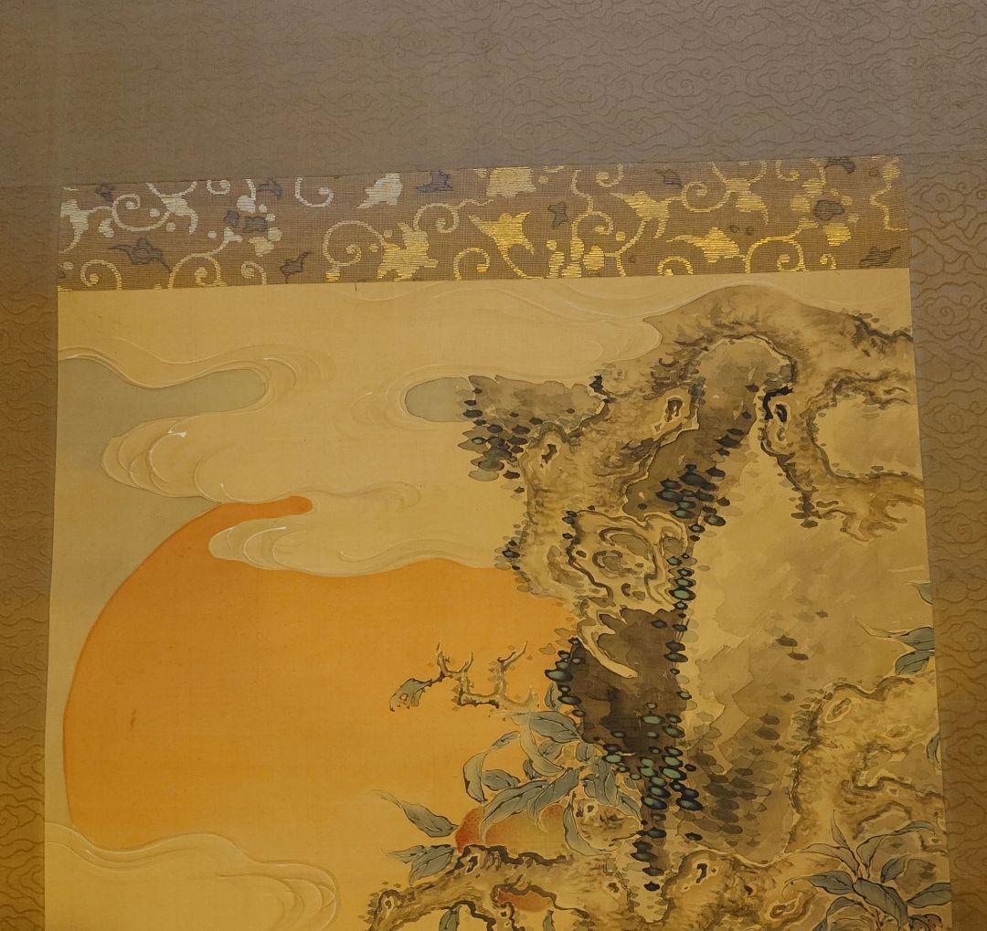 瀧和亭 貞信 海鶴蟠桃図 掛軸 箱書有 大判 明治期