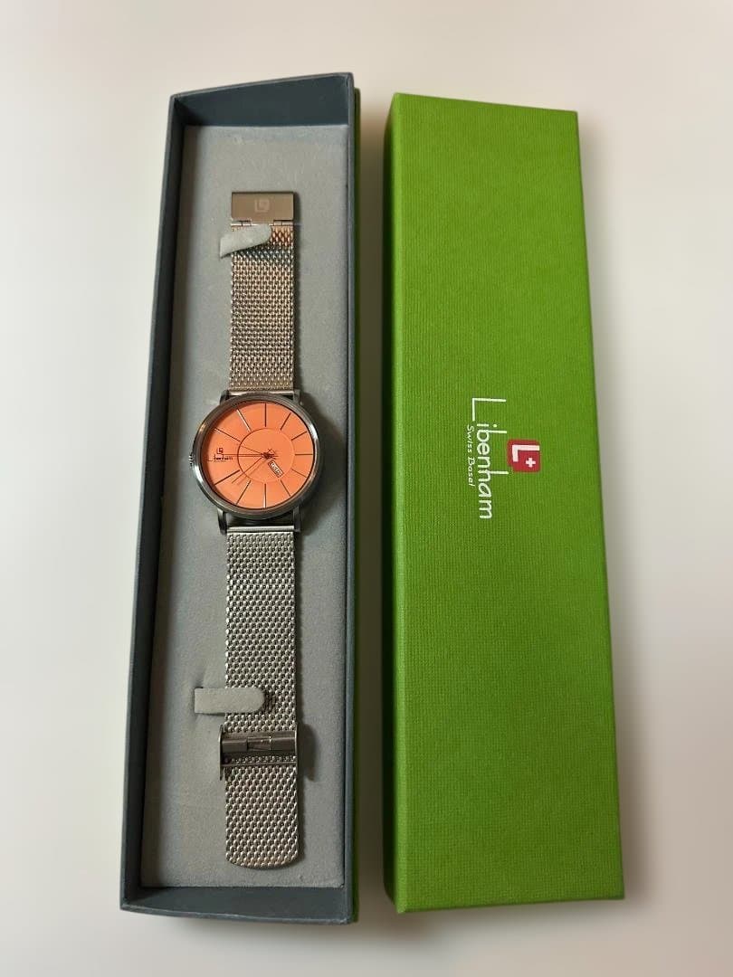 Libenham 自動巻腕時計 金属ベルト 文字盤オレンジ系 LH-90034