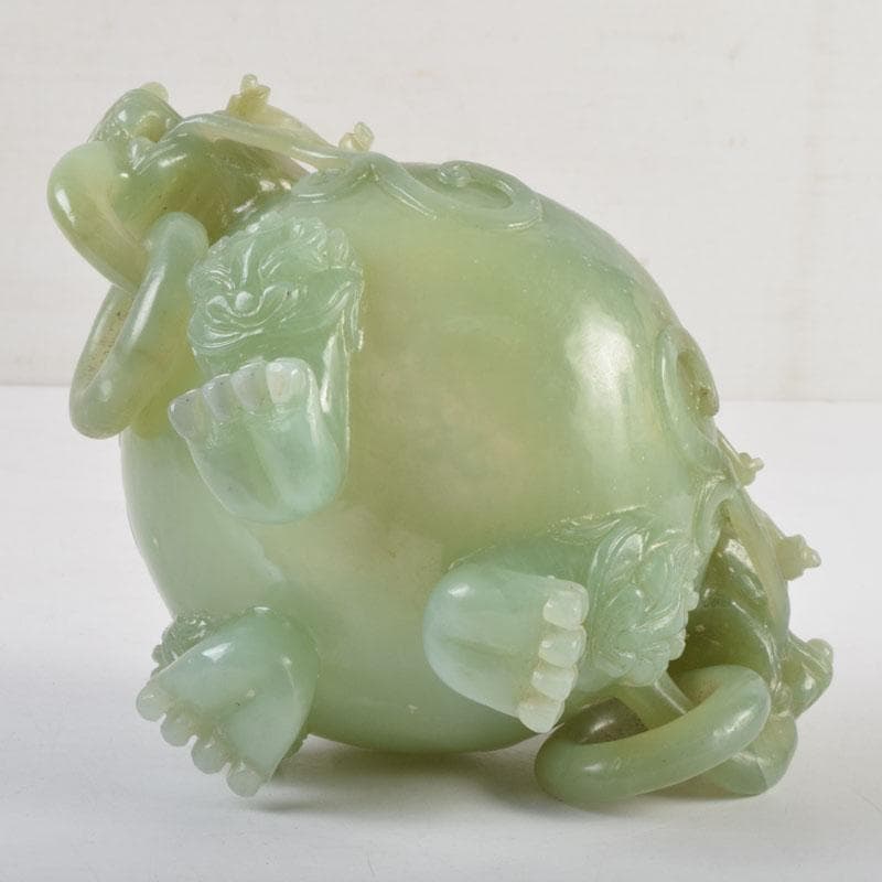 中国　玉石彫刻　雙耳活環　龍鈕蓋爐　香炉　唐木台付　C　9149