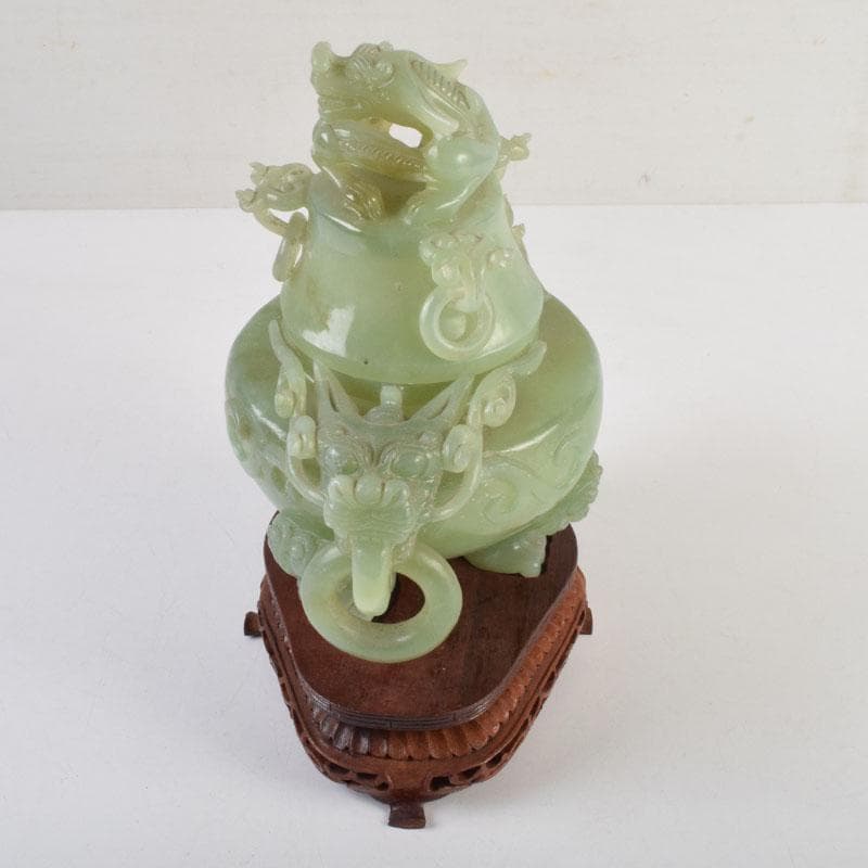 中国　玉石彫刻　雙耳活環　龍鈕蓋爐　香炉　唐木台付　C　9149