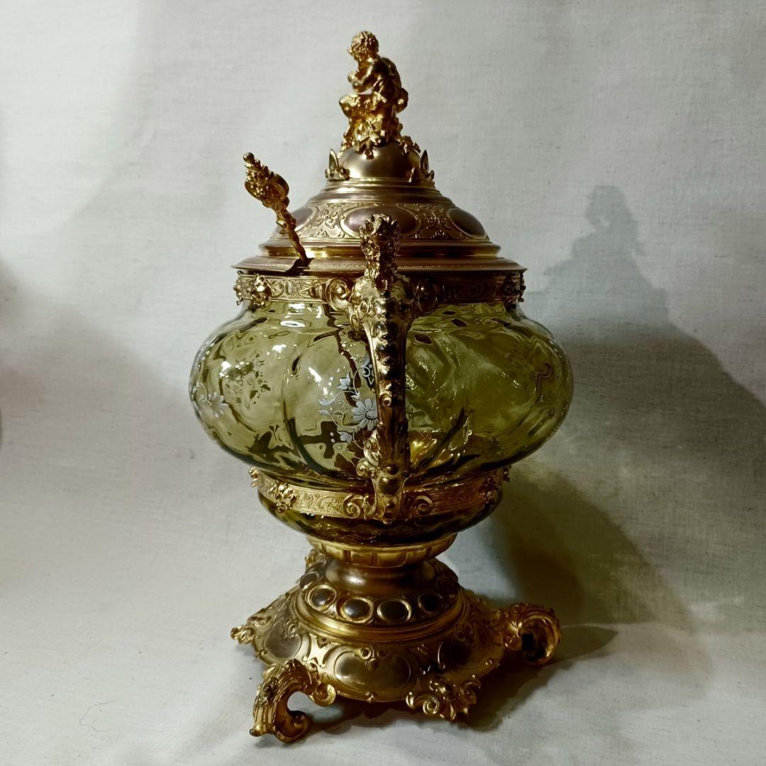 年代物 西洋アンティーク 特大 装飾 ガラス スープジャー 金工 彫刻 彫金