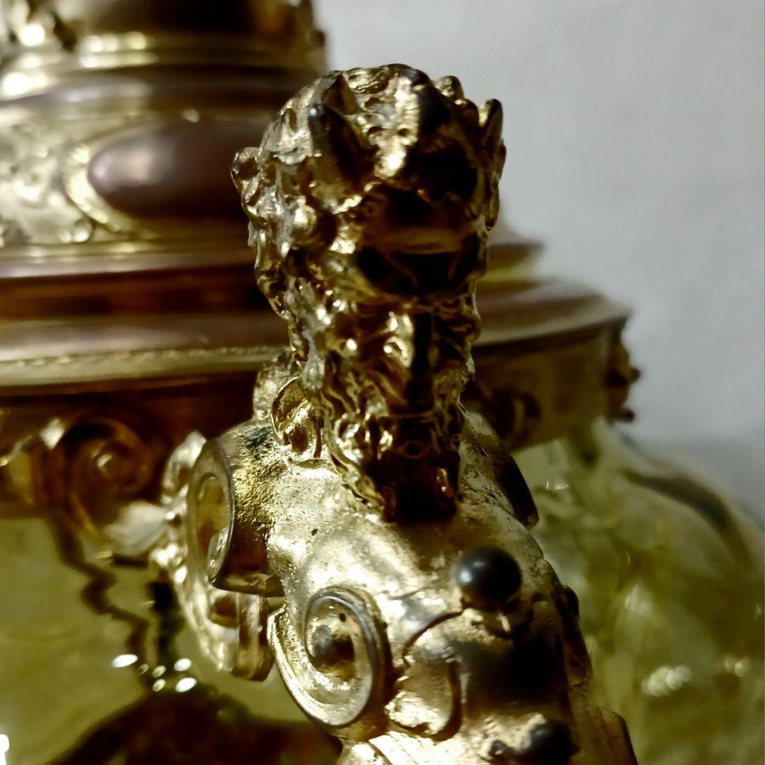 年代物 西洋アンティーク 特大 装飾 ガラス スープジャー 金工 彫刻 彫金