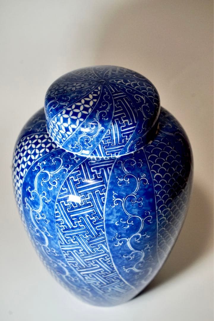 初代 川本桝吉 枡吉 染付有職文沈香壺 明治期瀬戸の名工　瀬戸焼