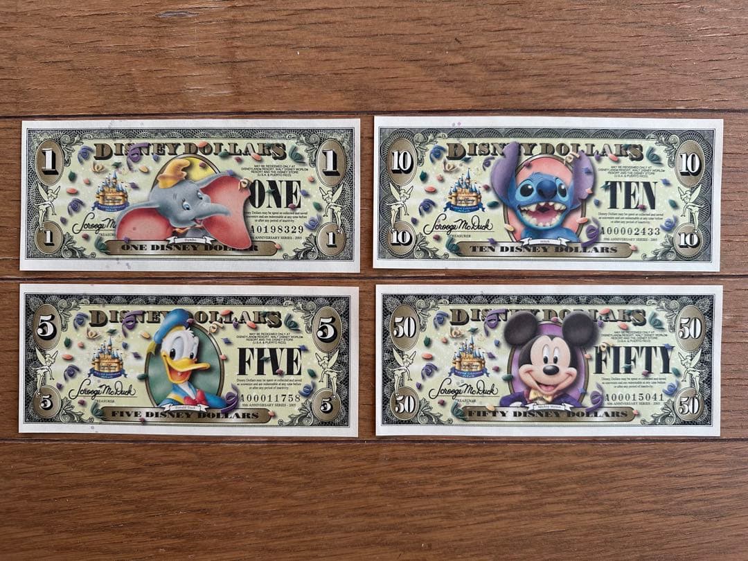 ディズニーダラー　カリフォルニア50周年記念紙幣4枚セット