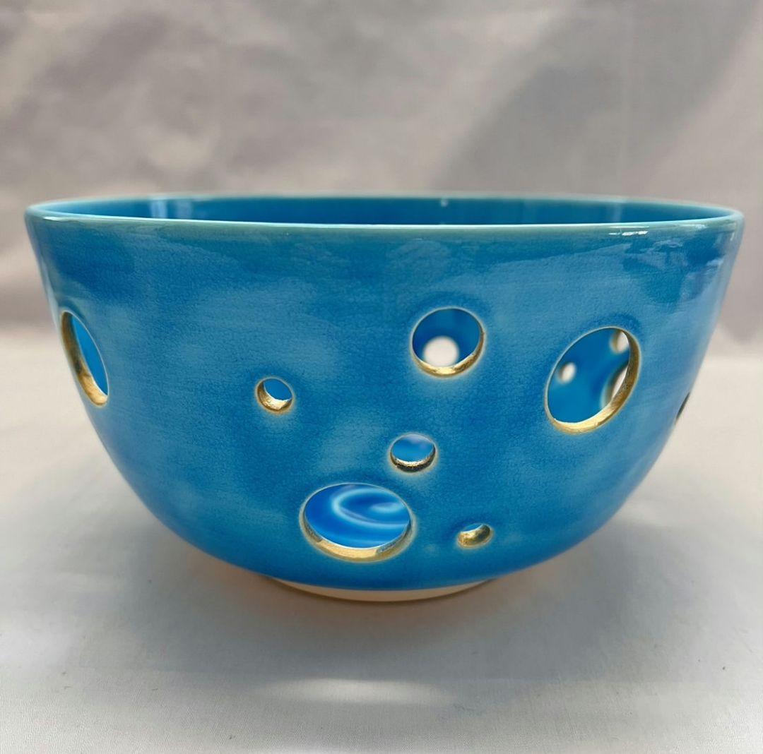 浅黄交趾釉薬水玉透かし文 菓子鉢 平安 善昇 茶道具