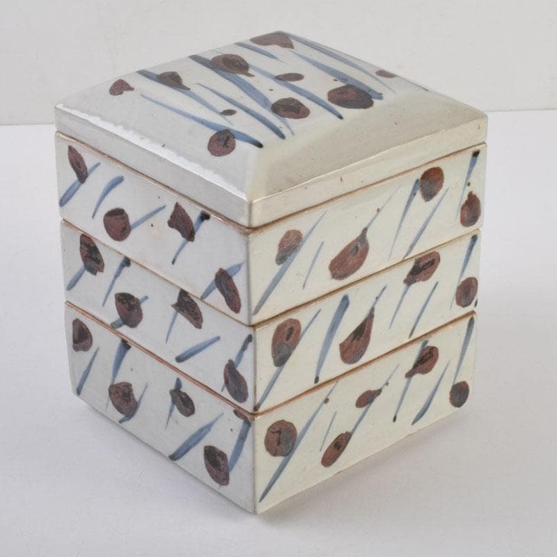 和食器　袖師焼　四代　尾野晋也作　呉須文　重箱　共布共箱　V　8774