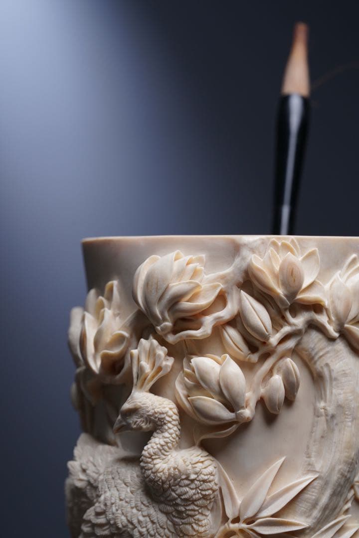 天然マンモス牙美しい手作り彫刻 鳳凰 筆筒