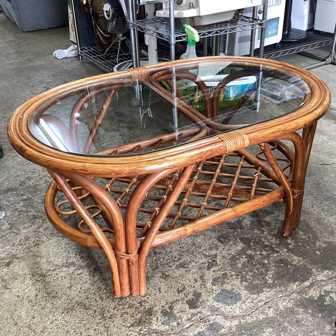 ラタン　籐　ガラステーブル
