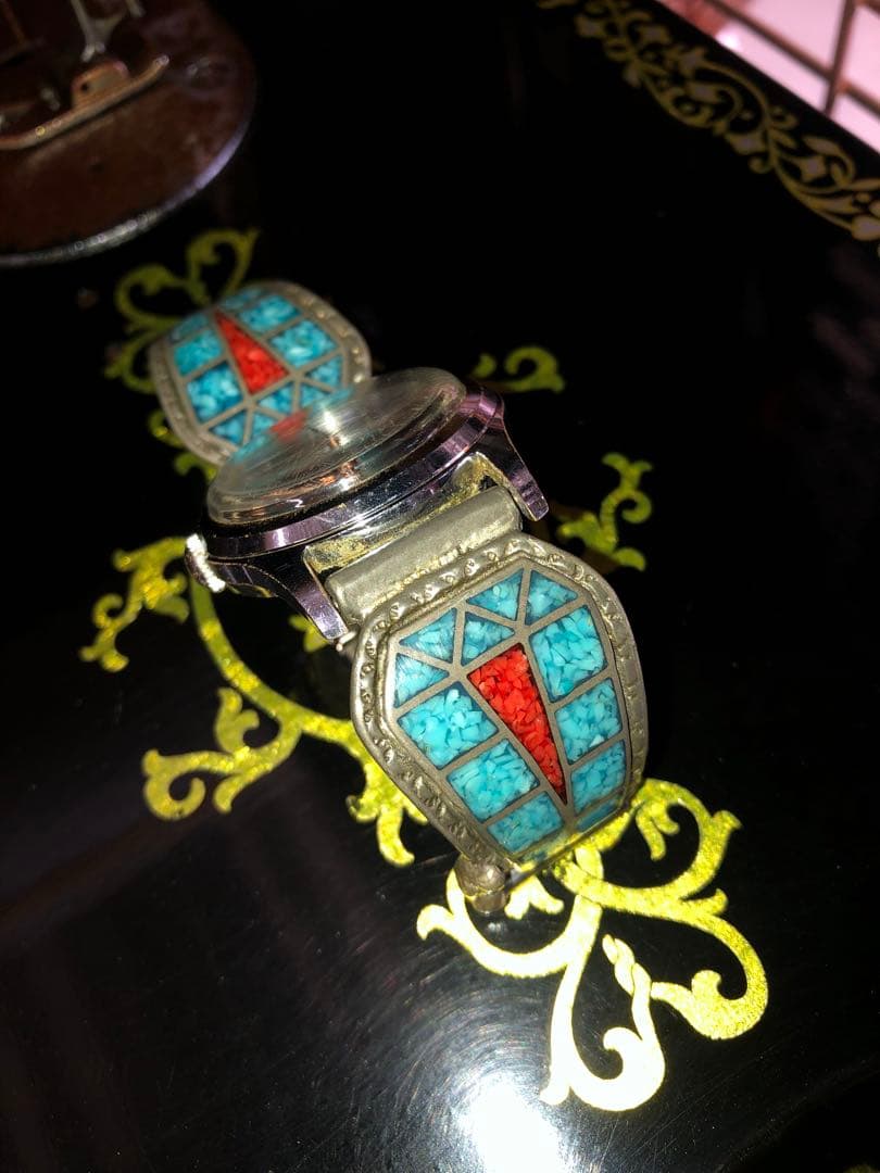 腕時計　古物　手巻き　時間　ターコイズ　族　インレイ　バンド　ノスタルジック