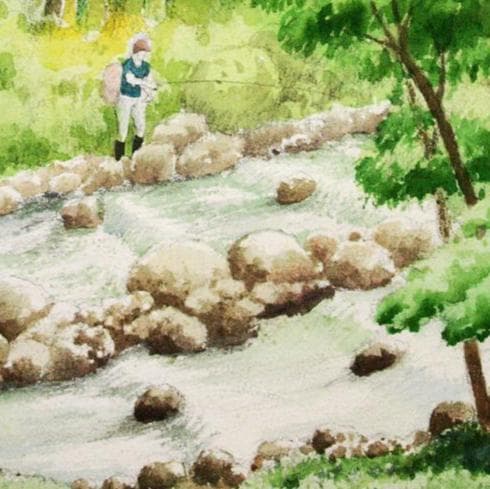 絵画「渓流の釣り」　水彩画