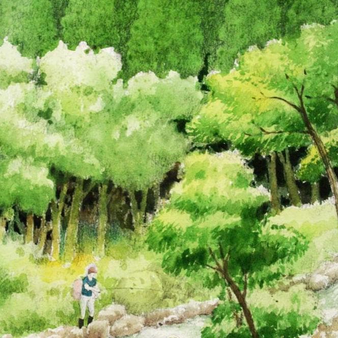 絵画「渓流の釣り」　水彩画