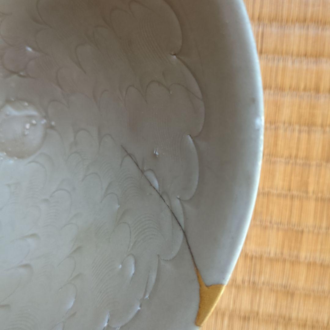 波模様の陶器鉢　木箱入り　金継ぎ　骨董品　古美術