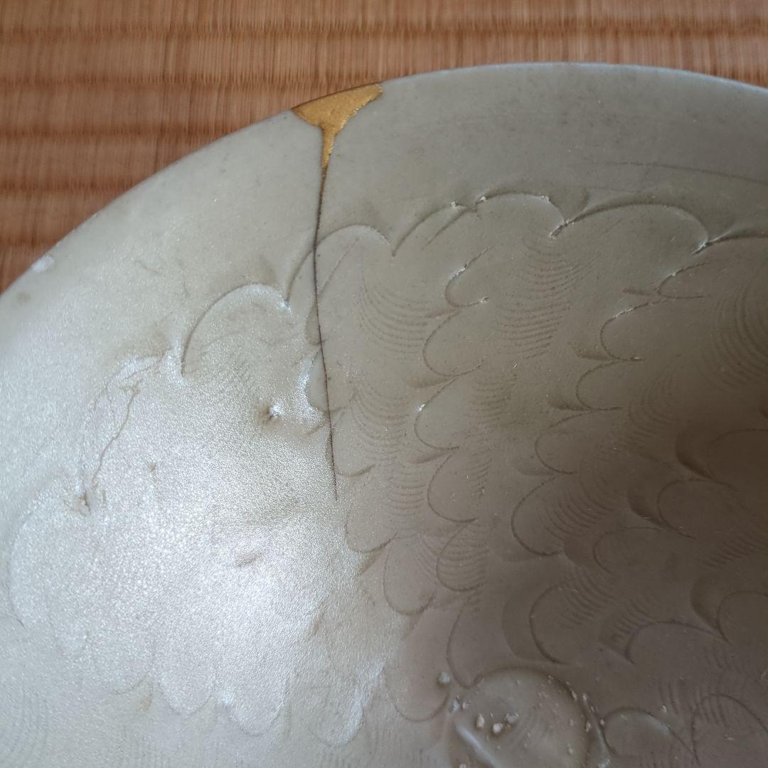 波模様の陶器鉢　木箱入り　金継ぎ　骨董品　古美術