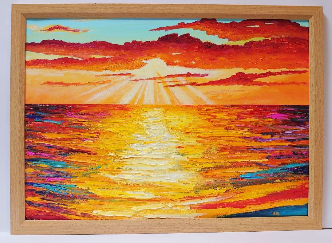 油絵 絵画 夕日の海【Ａ3】
