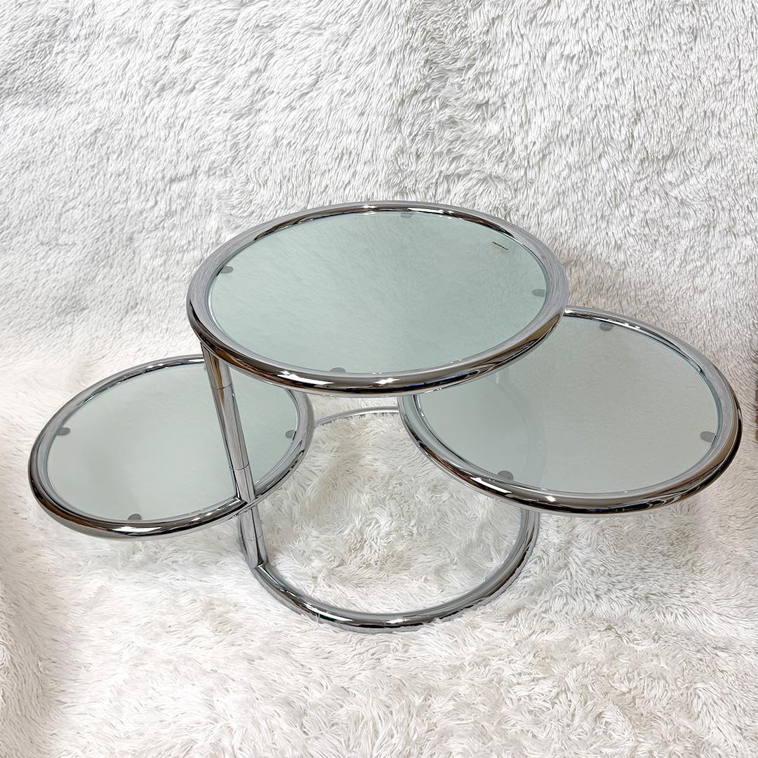 ミッドセンチュリー ラウンドテーブル 4段 ガラス 可動式 ヴィンテージ