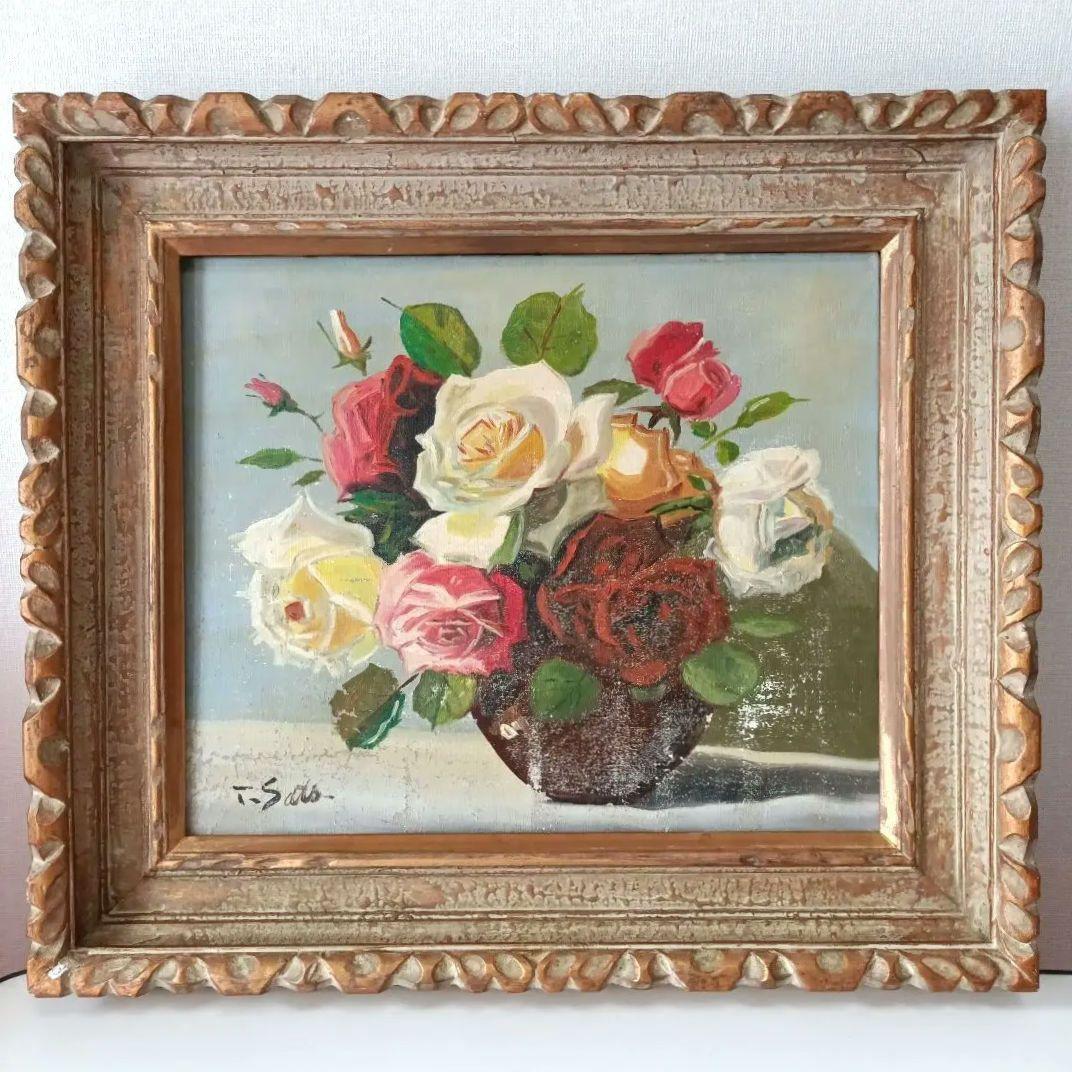 古　カラフル　薔薇　花の絵　アート　油絵?　絵画　アンティーク　作者不明