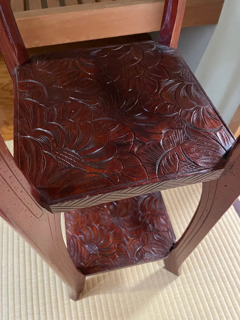 日光彫り 芍薬 漆塗り木製彫刻 3段