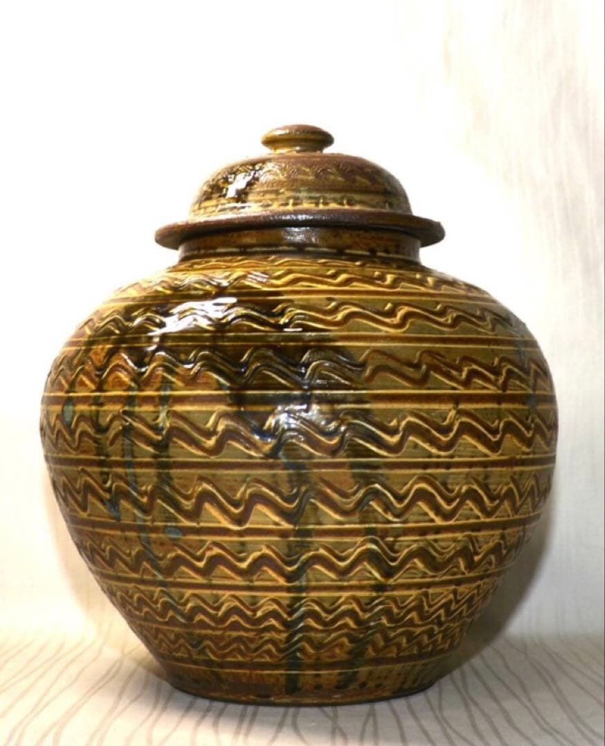 小鹿田焼 横縞櫛目緑釉打掛蓋付壺 29cm 未使用美品 民藝