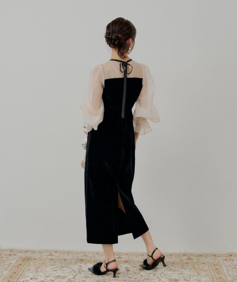 Chico ブラックドレス 配色シースルータイトロングドレス フリル