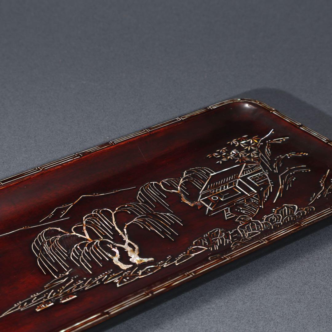 【茶道具】煎茶盆　螺鈿　山水文　桐箱　一文字盆　6R1521ダN2