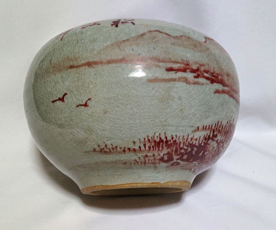 茶道具水指　石莊画山と木のデザインの陶器A403