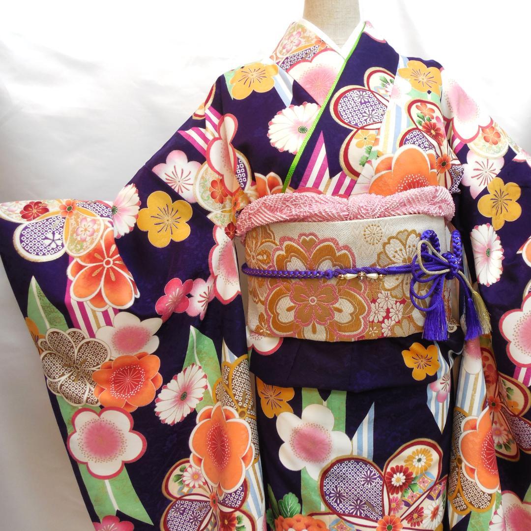 未使用品★洗える振袖　振袖フルセット　ポリ　成人式　振袖　M～Ｌサイズ　紺　花柄
