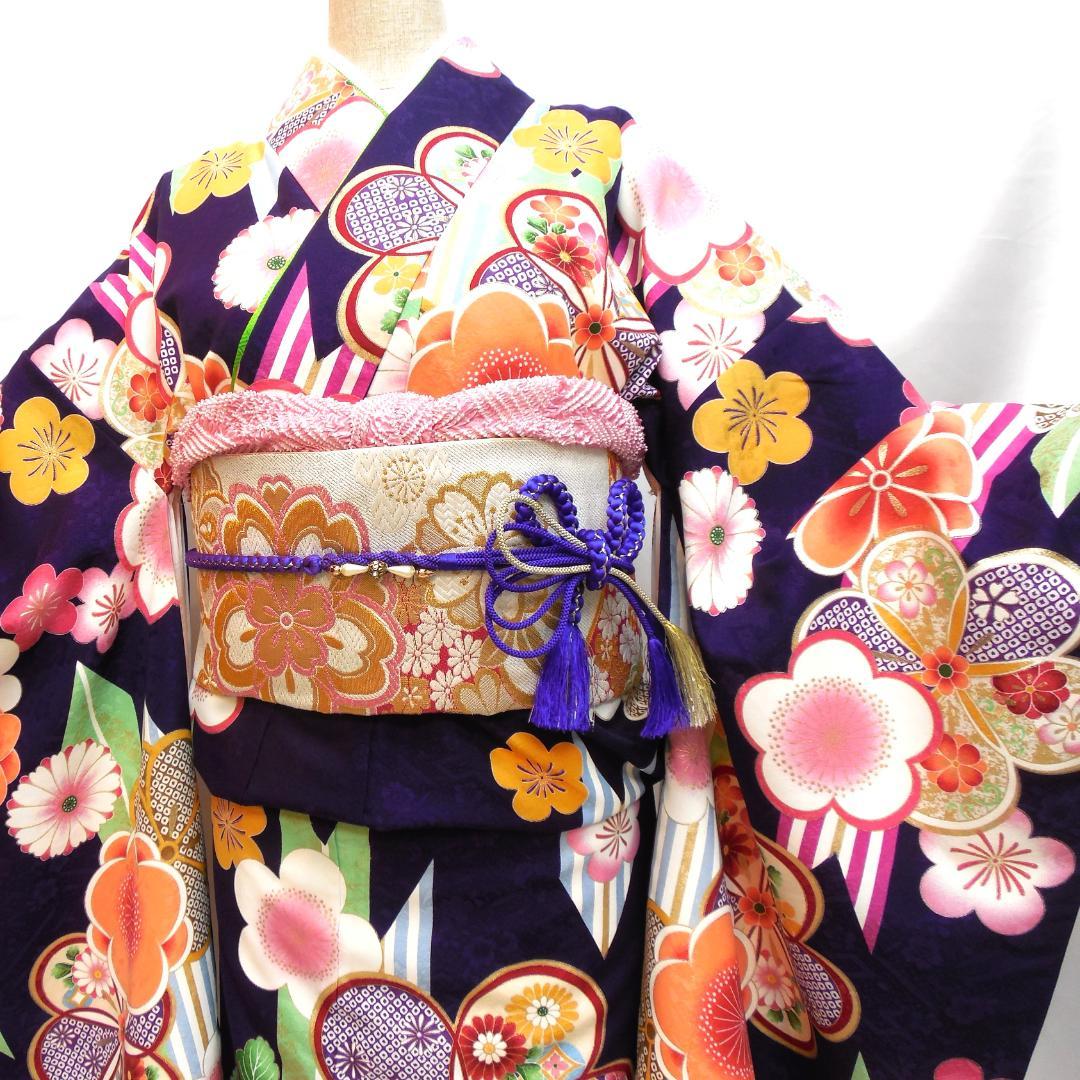 未使用品★洗える振袖　振袖フルセット　ポリ　成人式　振袖　M～Ｌサイズ　紺　花柄
