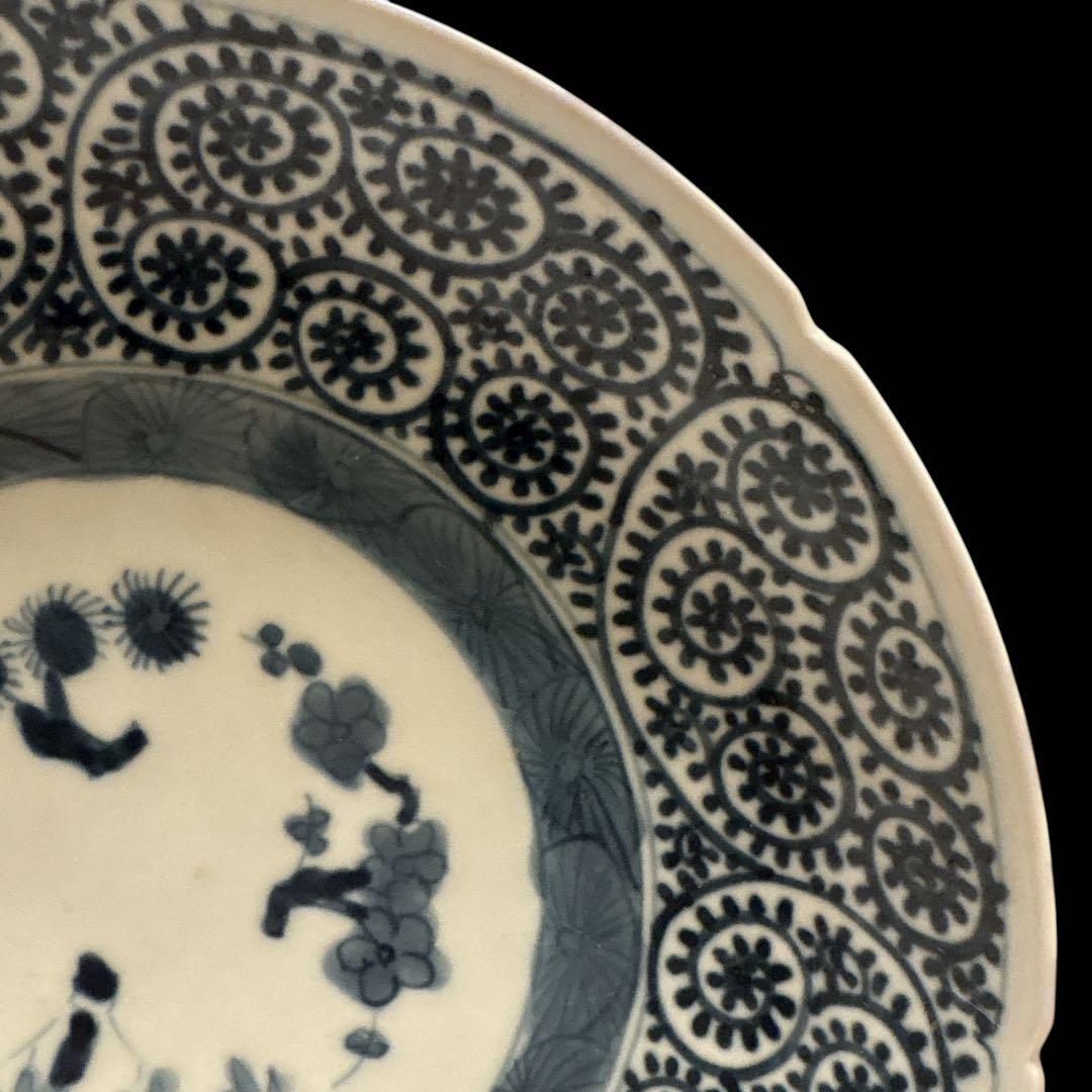 伊万里 有田 染付 印判手 輪花皿 蛸唐草 花丸繋ぎ 見返し蓮弁 見込 四君子