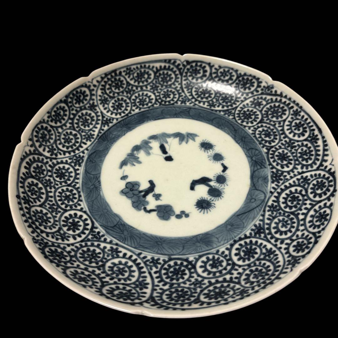 伊万里 有田 染付 印判手 輪花皿 蛸唐草 花丸繋ぎ 見返し蓮弁 見込 四君子