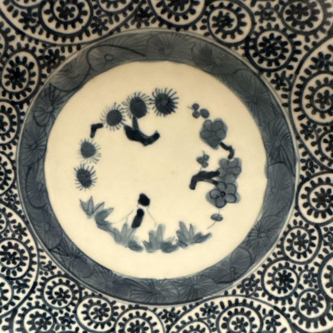 伊万里 有田 染付 印判手 輪花皿 蛸唐草 花丸繋ぎ 見返し蓮弁 見込 四君子