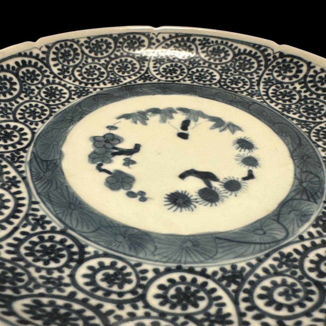 伊万里 有田 染付 印判手 輪花皿 蛸唐草 花丸繋ぎ 見返し蓮弁 見込 四君子