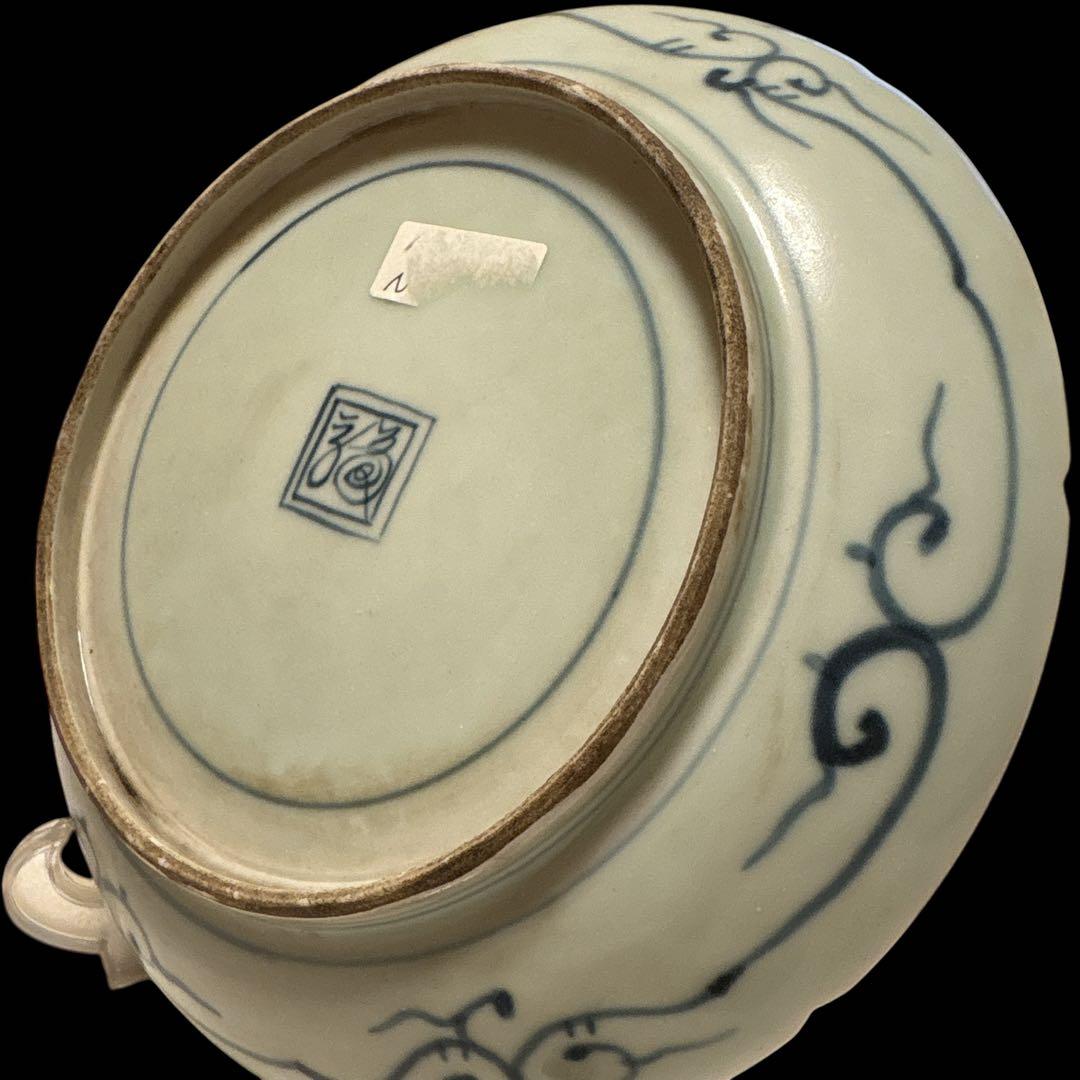 伊万里 有田 染付 印判手 輪花皿 蛸唐草 花丸繋ぎ 見返し蓮弁 見込 四君子