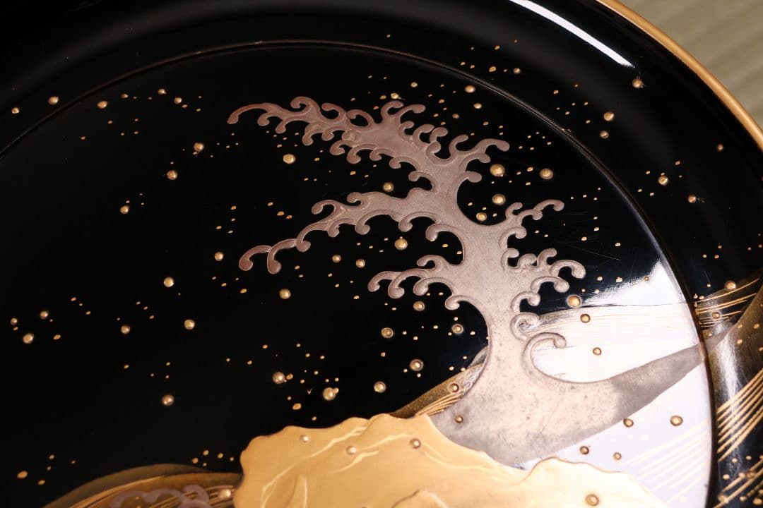 波に鶴 金銀蒔絵 高月一対 木箱 木製漆器 高坏 高槻 菓子器 【MA743】