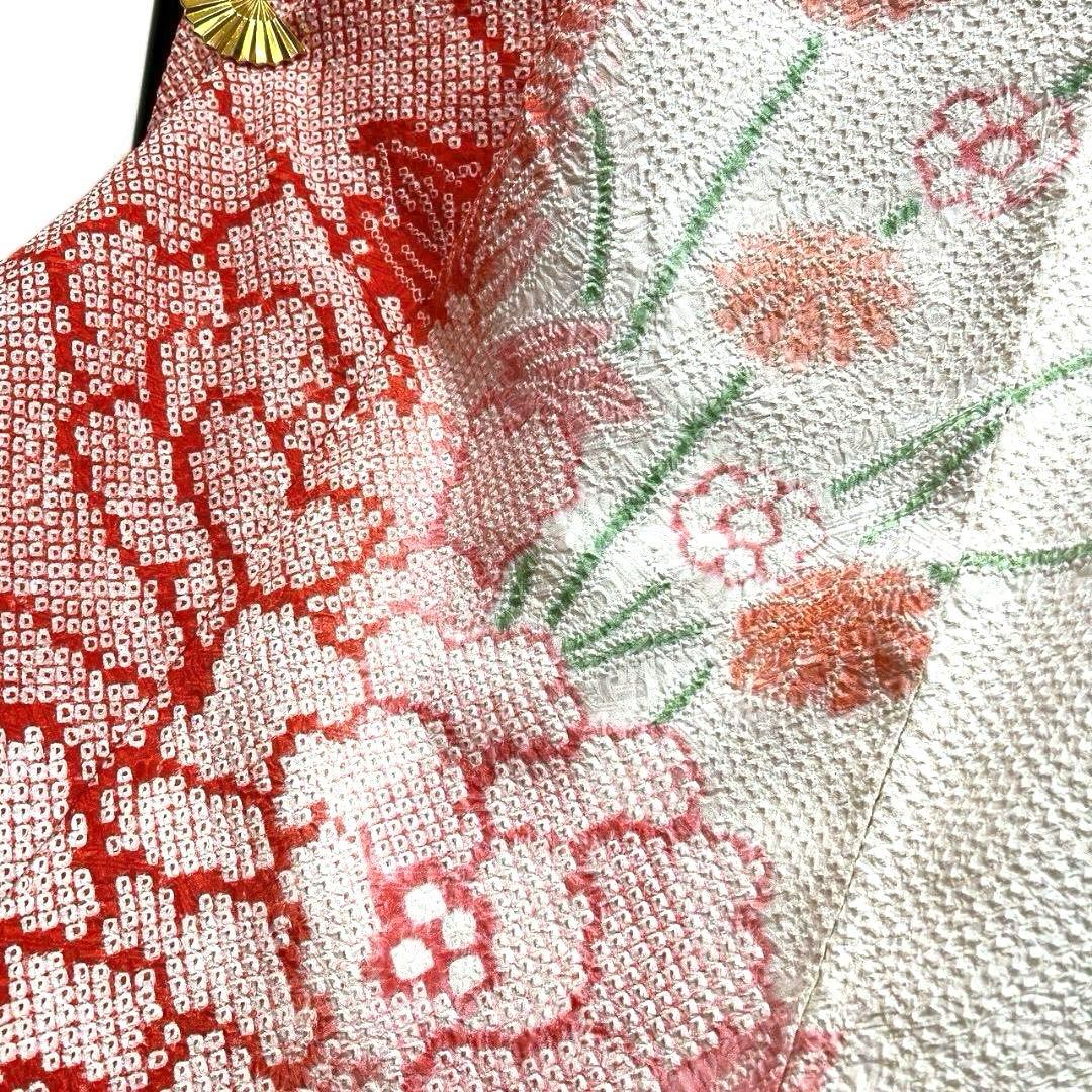 総絞り　牡丹　菊花　花模様　振袖　成人式 晴れの日 着物 032a p