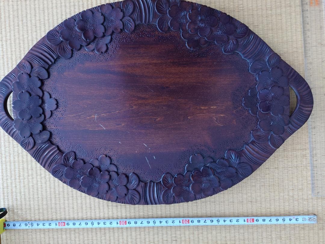 軽井沢彫 楕円のお盆 手つき 桜の縁