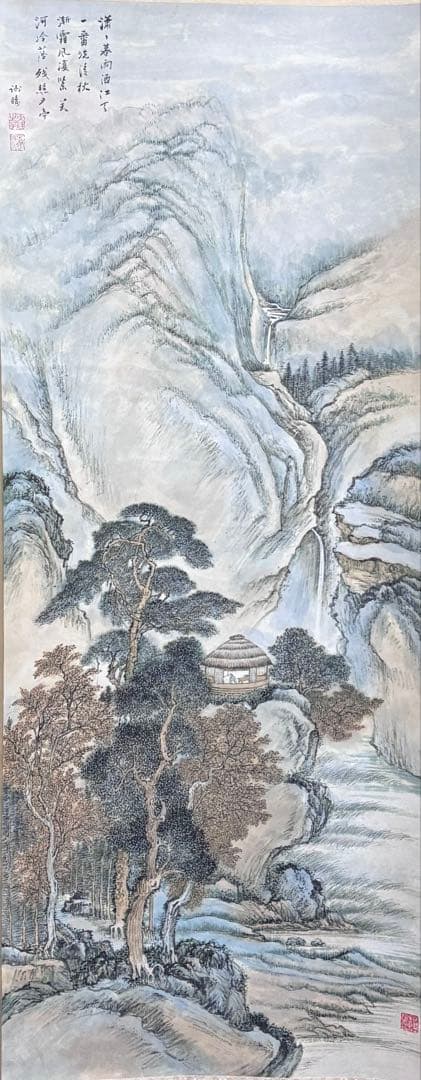 水墨画　掛け軸　清泉秋声 謝陽画　山水　中国　張大千大風堂　カラー　箱付