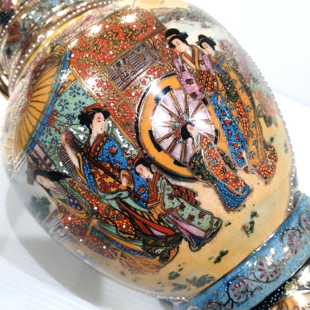 薩摩焼 金襴手 金彩 色絵 色錦 豪華絢爛 武者図 美人画 飾り壺 古美術 花器