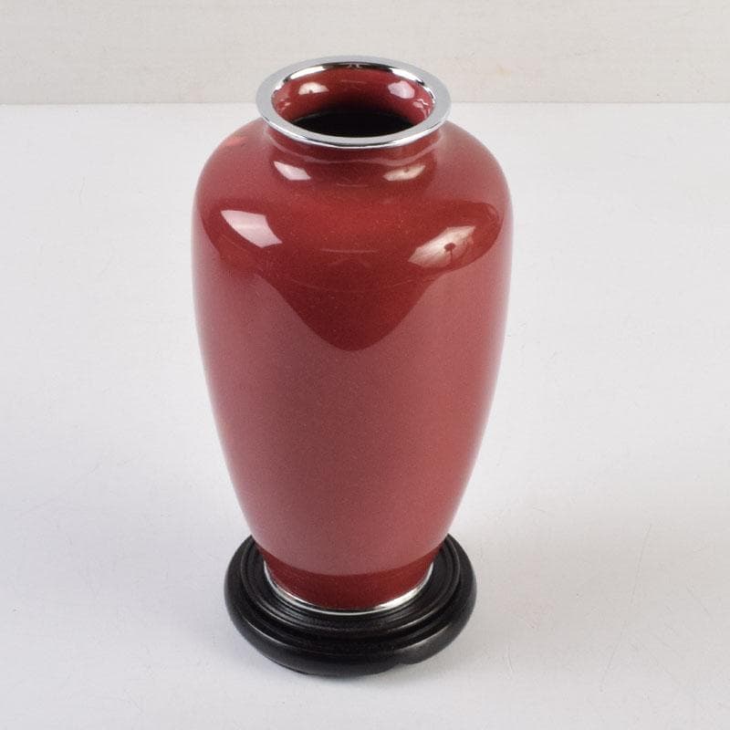 七宝焼　岡田泉作　赤透釉　梅文瓶　花瓶　唐木台付　共箱　V　9133