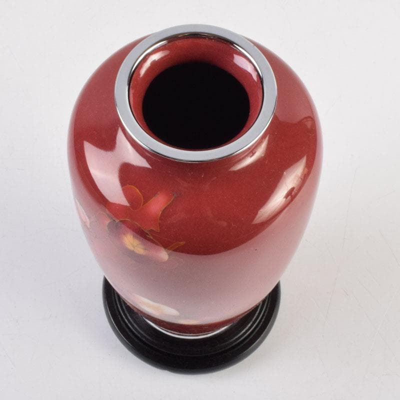 七宝焼　岡田泉作　赤透釉　梅文瓶　花瓶　唐木台付　共箱　V　9133