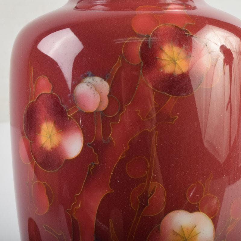 七宝焼　岡田泉作　赤透釉　梅文瓶　花瓶　唐木台付　共箱　V　9133